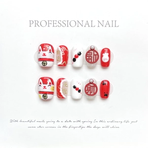 Short red handmade press-on nails with fortune cat and 3D lucky character design