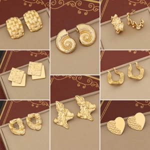Stainless Steel Irregular Geometric Stud Earrings For Women Gold Plated Hammered Texture With Stainless Steel Earring Post