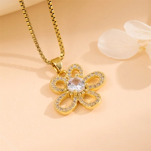 Elegant gold flower necklace with zircon petal pendant and classic square box chain style