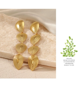 Detailed view of golden teardrop earrings with concentric circular ripple texture
