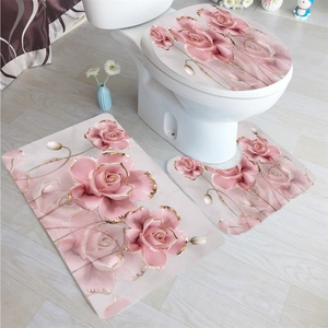 Three-piece bathroom set featuring pink rose patterns on flannel mat and toilet lid cover