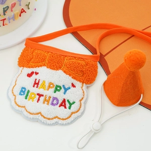 Detail of orange plush birthday bib and cone hat set for cats and dogs with rainbow embroidery