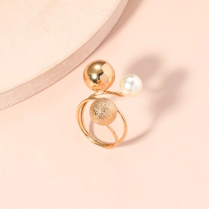 Adjustable gold open ring featuring polished beads, matte spheres, and a white pearl