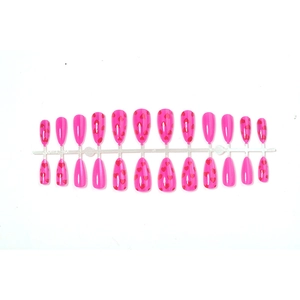Pink cat eye press-on nails with red heart patterns on long almond shaped nail tips