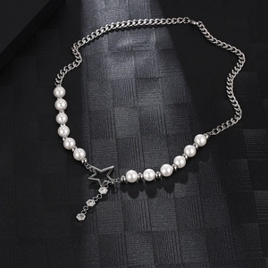 Titanium steel bead and pearl necklace featuring a sparkling star pendant on black background
