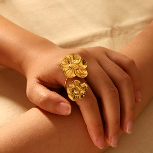 Double Flower Stainless Steel Ring For Women Gold Plated Adjustable Open Sunflower Daisy French Vintage Niche Retro Jewelry