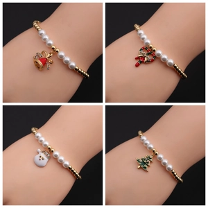 Christmas Beaded Bracelet Copper With Imitation Artificial Pearl Enamel Santa Claus Snowman Bell Pendants Festive Zircon Jewelry