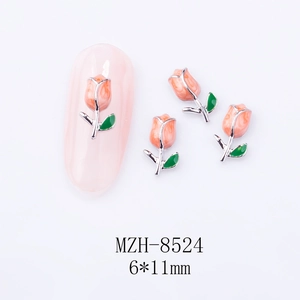 6x11mm pink resin tulip nail art charms with silver metal stems shown on white background