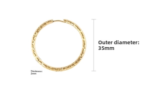 Close-up of 35mm gold hoop earrings with hammered texture and 2mm thickness specs