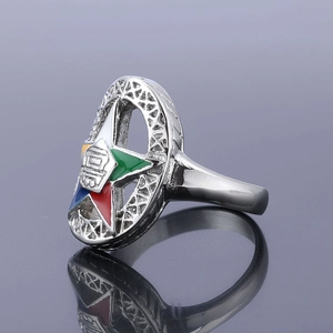 Detailed macro view of the Order of the Eastern Star (OES) pentagram enamel silver ring