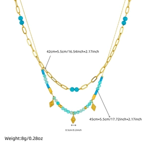 Double-layer gold stainless steel necklace with blue beads and rhombus charms