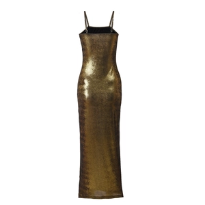 Close-up of the back view showing metallic gold shimmer fabric and backless strap design