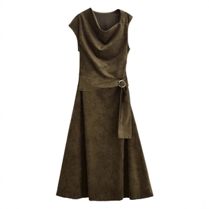 Sleeveless Midi Dress Faux Suede Cowl Neck Metal Ring Buckle Belt Asymmetric Hem Elegant Formal For Women Solid Color