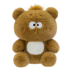 Funny brown plush toy with white belly and large eyes for kids, studio shot on white backdrop