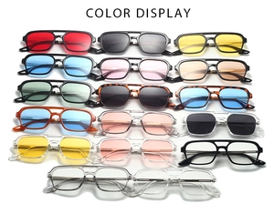 Matrix display of colorful double-bridge pilot sunglasses and frames in various lens tints