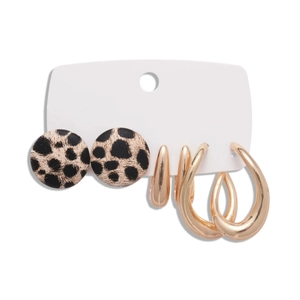 6-piece minimalist gold earrings set featuring leopard print studs and metal drop loops