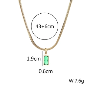 18K gold plated snake chain necklace with emerald green rectangular pendant on white background