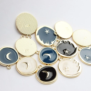 Golden round celestial pendants with star moon enamel charms for DIY jewelry making
