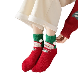 Thick Christmas coral fleece socks with 3D Santa Claus and pompom for holiday gifts
