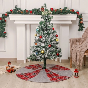 Red plaid and grey linen Christmas tree skirt for festive home holiday decorations