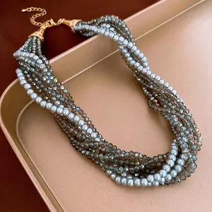 Multi-Layer Twisted Imitation Artificial Pearl And Faceted Crystal Beads Necklace Vintage Elegant Adjustable Extension Chain For Women