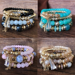Bohemian Multi-layer Beaded Bracelet With Crystal Acrylic Beads And Alloy Pendants For Women Elastic Retro Fashion Jewelry