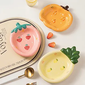 Fruit Shaped Ceramic Plates Strawberry Pineapple Pumpkin Dessert Salad Dishes Irregular Cartoon Cute Underglaze Dinnerware