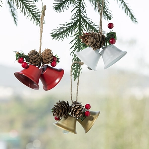 Christmas Bell Hanging Ornaments Metal Star Cutout Bells With Pine Cones Red Berries Pine Needles For Tree Holiday Decor