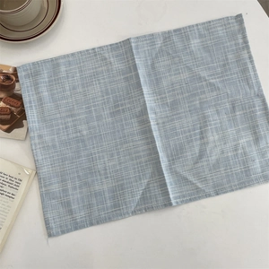 Detail of blue and white checkered linen placemat with woven texture and neat stitching