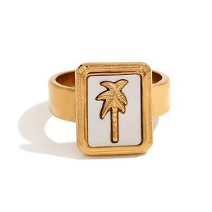 18K gold plated stainless steel square ring featuring a palm tree on white shell inlay