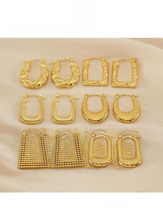 Set of 6 gold plated titanium steel hoop earrings with various textured geometric designs
