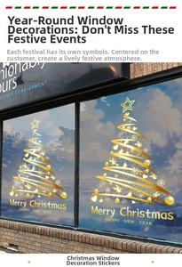 Detailed golden Merry Christmas tree window sticker with stars and snowflakes on glass