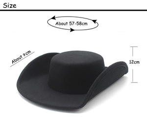 Flat top wool fedora hat sizing chart showing 57-58cm circumference and 9cm wide brim