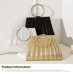 Detailed trio of pleated evening clutch bags with large metal ring handles in 3 colors