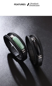 Detailed view of layered black woven leather bracelets with green aventurine stone inlay