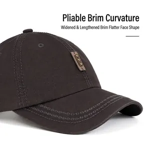 Vintage dark coffee washed cotton baseball cap with flexible brim and leather patch