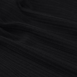 Close-up of black high-density rib knit fabric texture with elastic vertical patterns