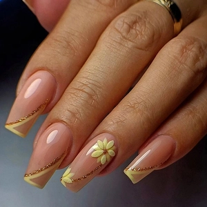 Press On Nails Long Coffin French Yellow Tip 3D Flower Design Gold Glitter Line Nude Pink False Nails