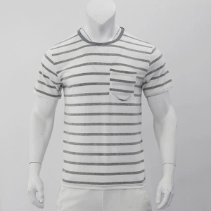 Detailed view of striped men's crewneck T-shirt with chest pocket in white and grey