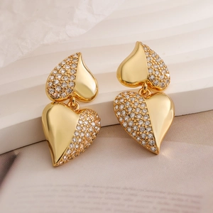 Fashionable gold plated copper heart drop earrings with sparkling cubic zirconia stones