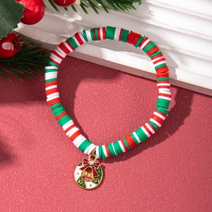 Christmas polymer clay bracelet with red white green beads and festive wreath charm