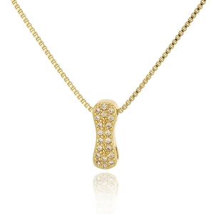 Detail of a gold-plated box chain necklace with a pave-set cubic zirconia bar pendant