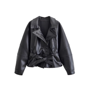Women's black faux leather short trench coat with lapel collar and waist belt