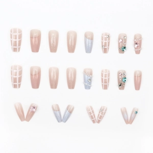 Pink and blue ballerina press-on nails with plaid patterns, pearls and colorful rhinestones