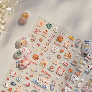 3D embossed nail art stickers with cute cartoon bears and miniature food designs
