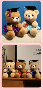 Detailansicht von Abschluss-Teddybären mit Doktorhüten und Congratulations-Schleifen