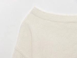 Close-up of the elegant off-shoulder neckline and soft knit texture of a white sweater