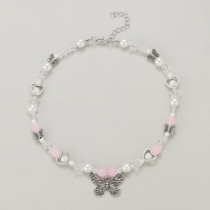 Y2K gothic butterfly pendant necklace with pink pearls and star beads for girls