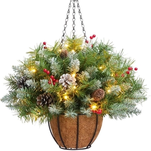 50cm pre-lit Christmas hanging basket with snow-tipped branches, pinecones, and red berries