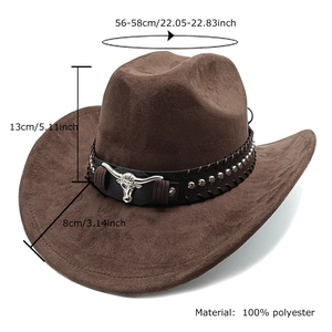 Cappello da cowboy classico marrone scamosciato a tesa larga con fibbia in metallo a toro